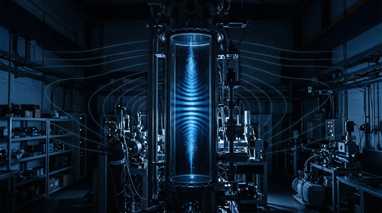 Quantum'S Real Triumph Is The Atomic Clock A tall vacuum column in a laboratory with a cloud of cold atoms falling through it