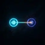 Two glowing spherical orbs, one cyan and one deeper blue, connected by a thin bright filament of light across a dark starry expanse.