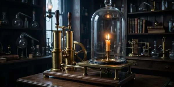 A brass scientific instrument with a glass bell jar contains a glowing candle on a dark wooden table.