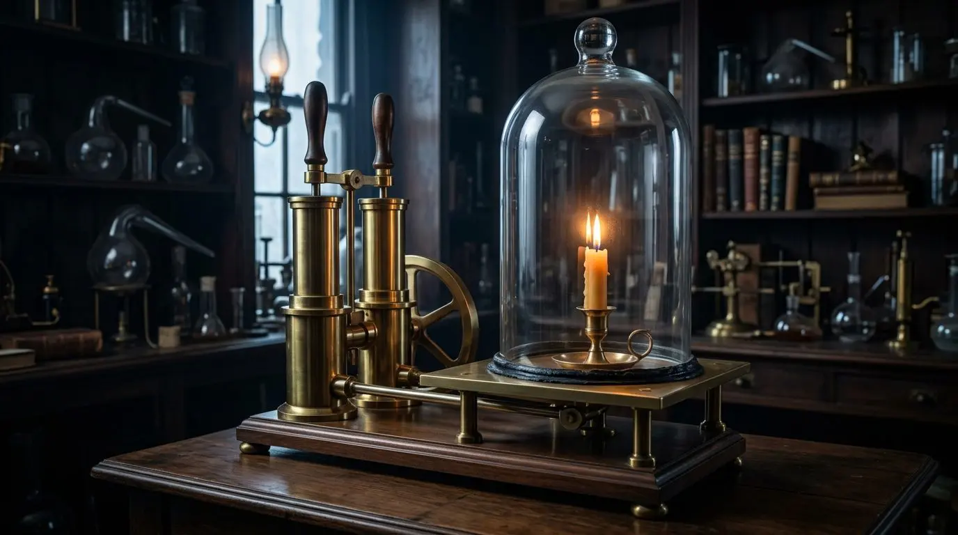 A brass scientific instrument with a glass bell jar contains a glowing candle on a dark wooden table.