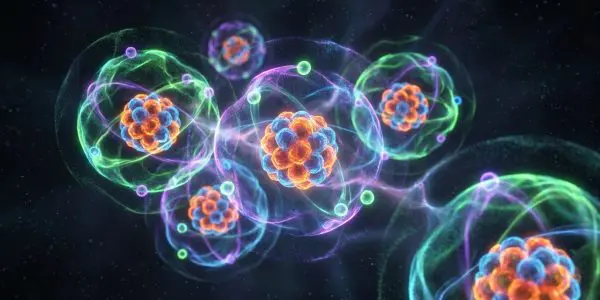 Several atoms with orange and blue nuclei inside translucent green and violet electron shells