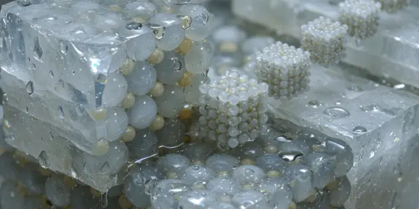 A macro shot displays translucent cubes and spherical structures in shades of white and grey, wet with droplets.
