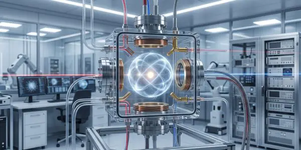A single atom glowing inside a glass vacuum cell on an optical bench