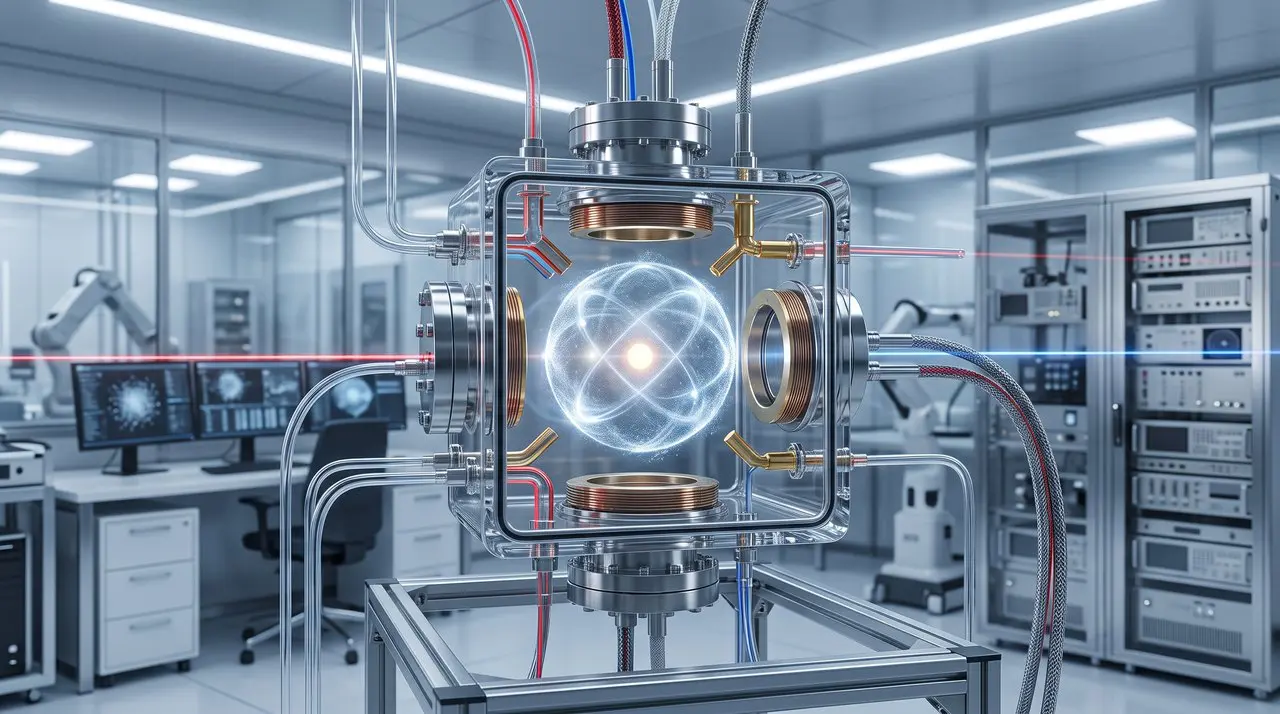 A single atom glowing inside a glass vacuum cell on an optical bench