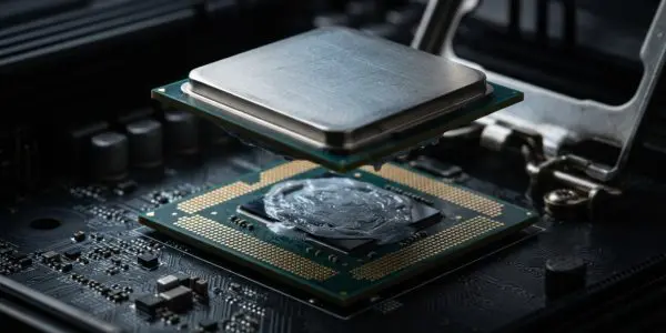 A metal heat spreader lifted above a processor bedded in thermal compound