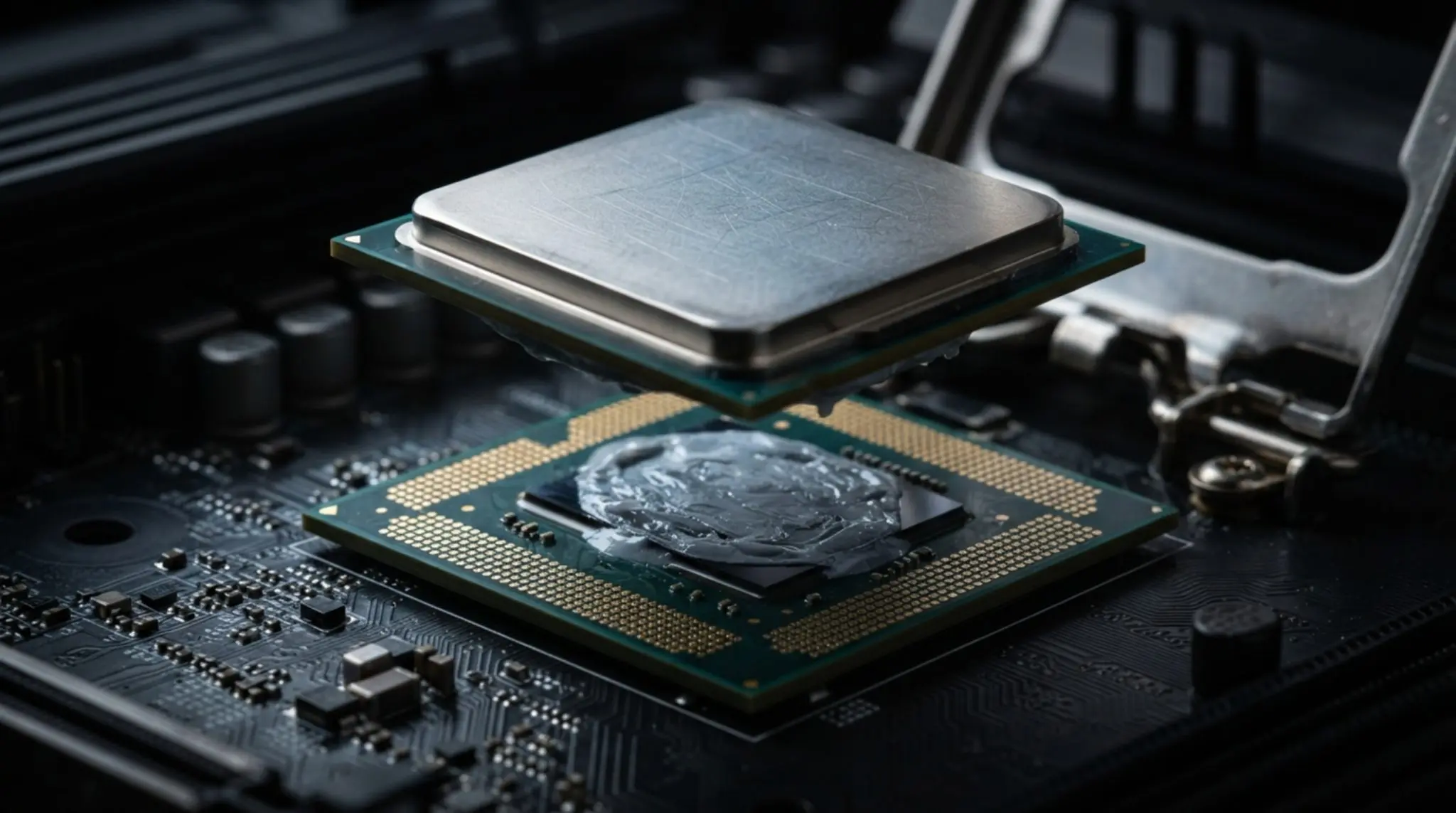 A metal heat spreader lifted above a processor bedded in thermal compound
