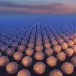 An endless grid of glowing spheres extends towards a distant horizon under a pastel sky, in shades of blue and peach.