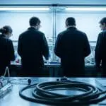 Four researchers at a lab bench, photographed from behind