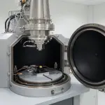 A large, metallic instrument with an open chamber sits on a white table in a bright, clean laboratory setting.