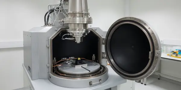 A large, metallic instrument with an open chamber sits on a white table in a bright, clean laboratory setting.