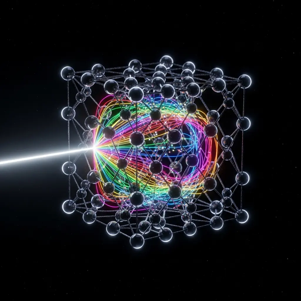 Bright multicolored quantum core enclosed within a lattice of glowing interconnected nodes, representing qubit entanglement and complex quantum computing systems.