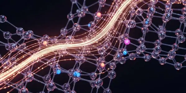 Crystal lattice lightly infused with glowing dopant atoms, superconducting current flowing strongly across structure