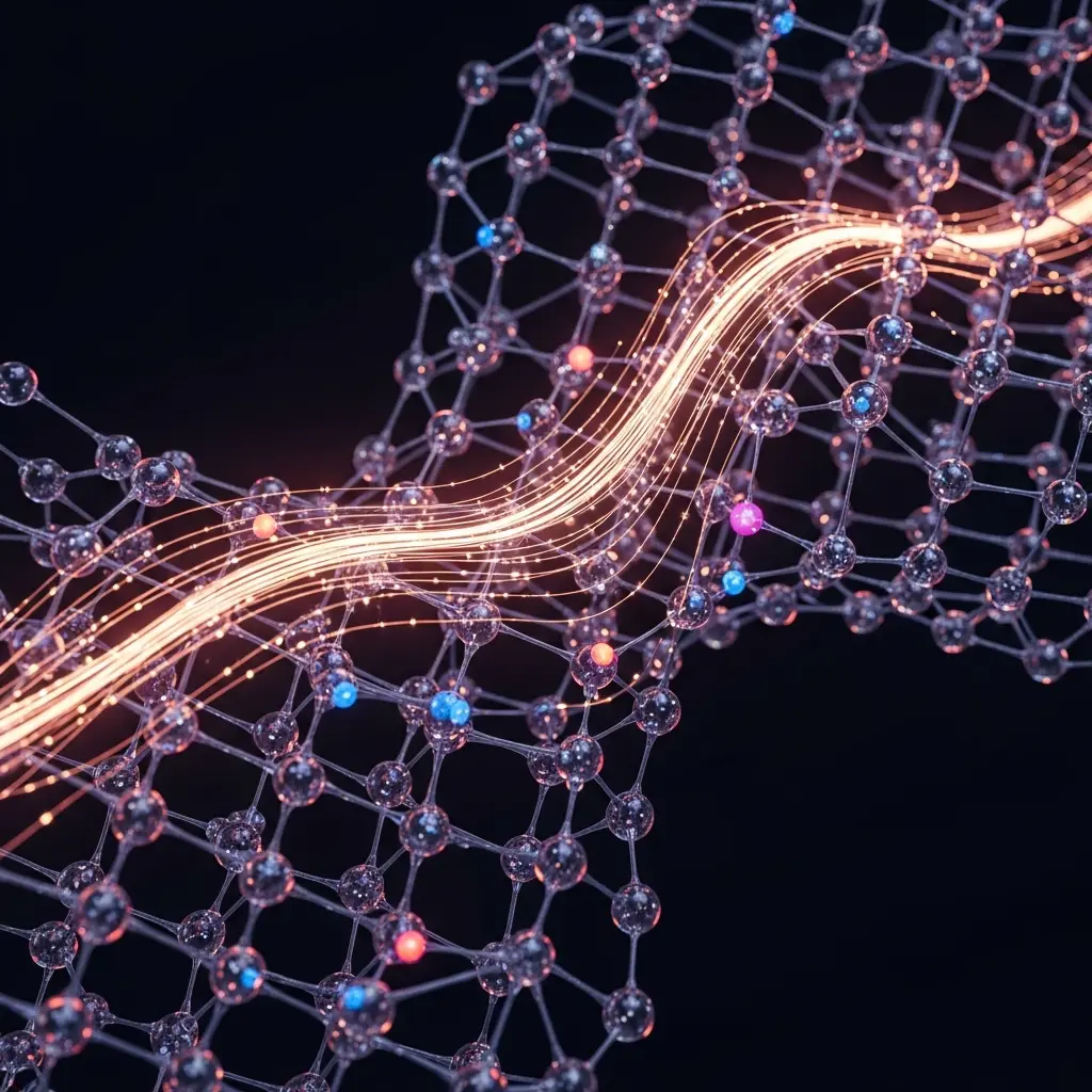 Crystal lattice lightly infused with glowing dopant atoms, superconducting current flowing strongly across structure