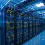 A blue-lit server room