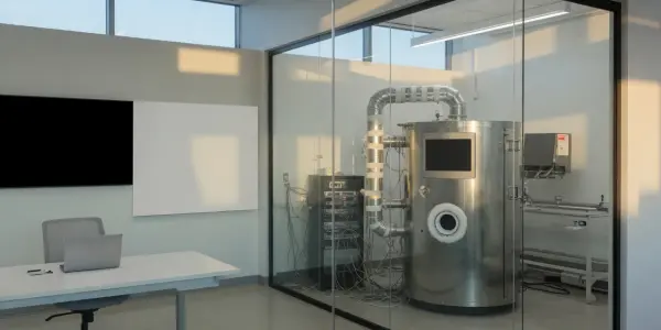 A brightly lit laboratory room with a large cylindrical device, viewed through glass, features a desk and computer.