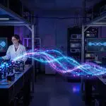 A glowing blue link running between two optical benches