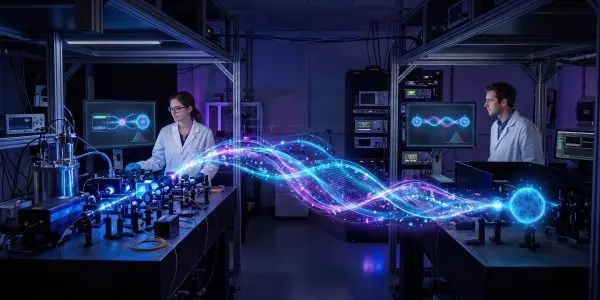 A glowing blue link running between two optical benches
