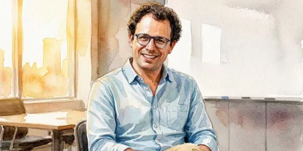 Illustration of Dario Amodei seated beside a whiteboard in a bright meeting room