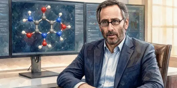 David E. Shaw seated before screens showing a molecular structure and simulation output