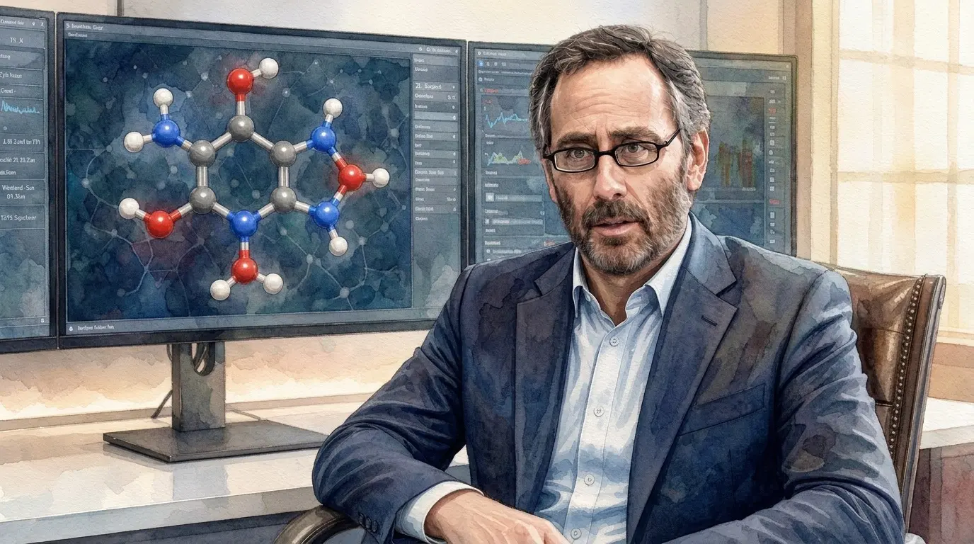 David E. Shaw seated before screens showing a molecular structure and simulation output