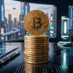 A stack of golden Bitcoin coins sits on a futuristic desk with a digital circuit board, overlooking a vibrant cityscape at night.