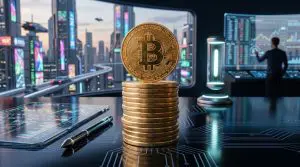 A stack of golden Bitcoin coins sits on a futuristic desk with a digital circuit board, overlooking a vibrant cityscape at night.