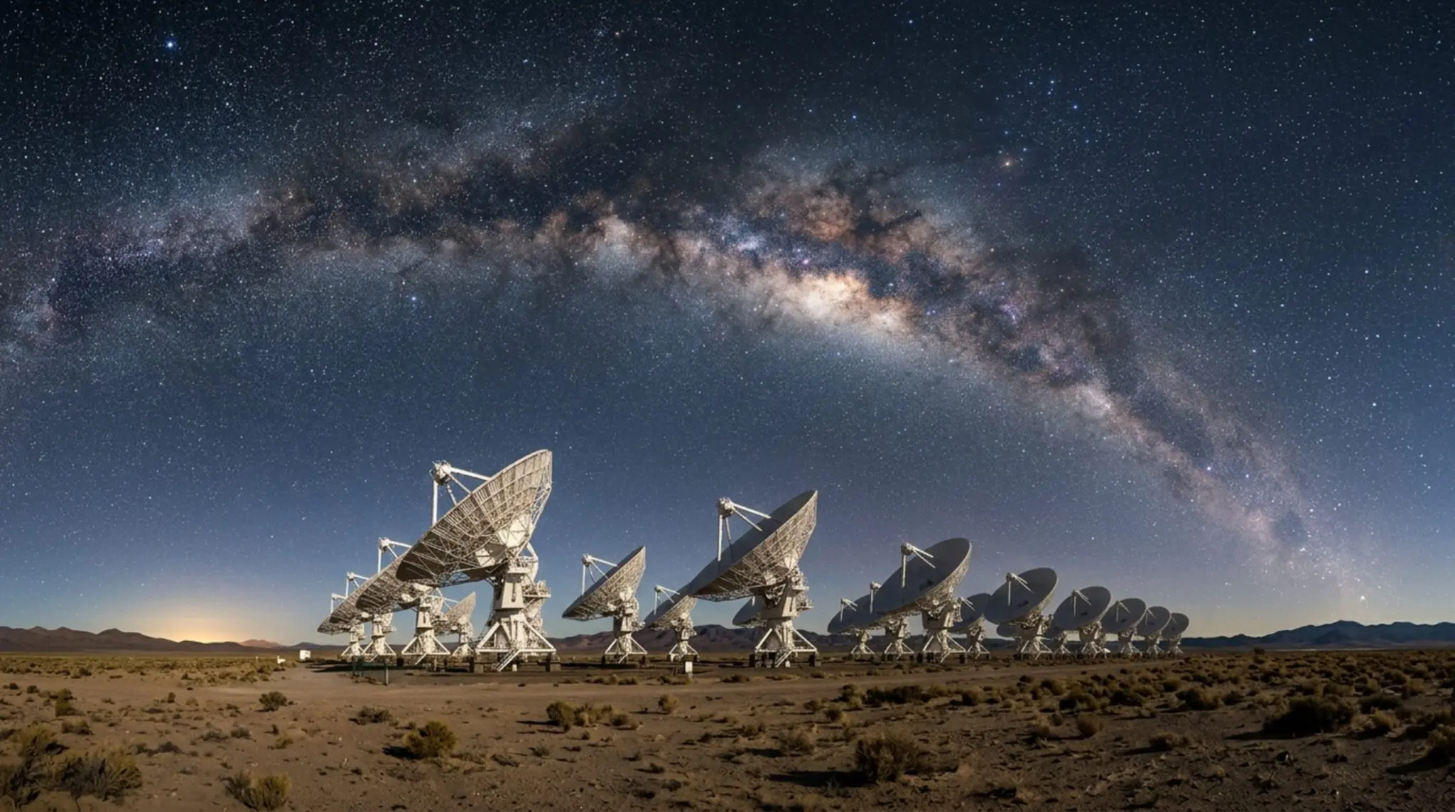 A wide-angle night view reveals numerous radio telescopes against a vibrant, star-filled sky, with earthy tones below