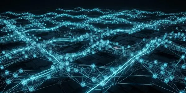 A glowing network of interconnected nodes and lines stretches across a dark, undulating landscape in shades of blue