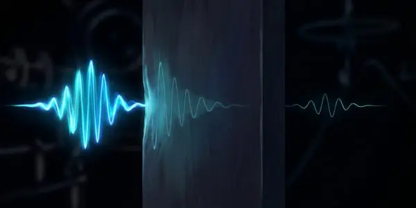 A wavepacket striking a barrier, most of it reflected and a faint remnant continuing on the far side