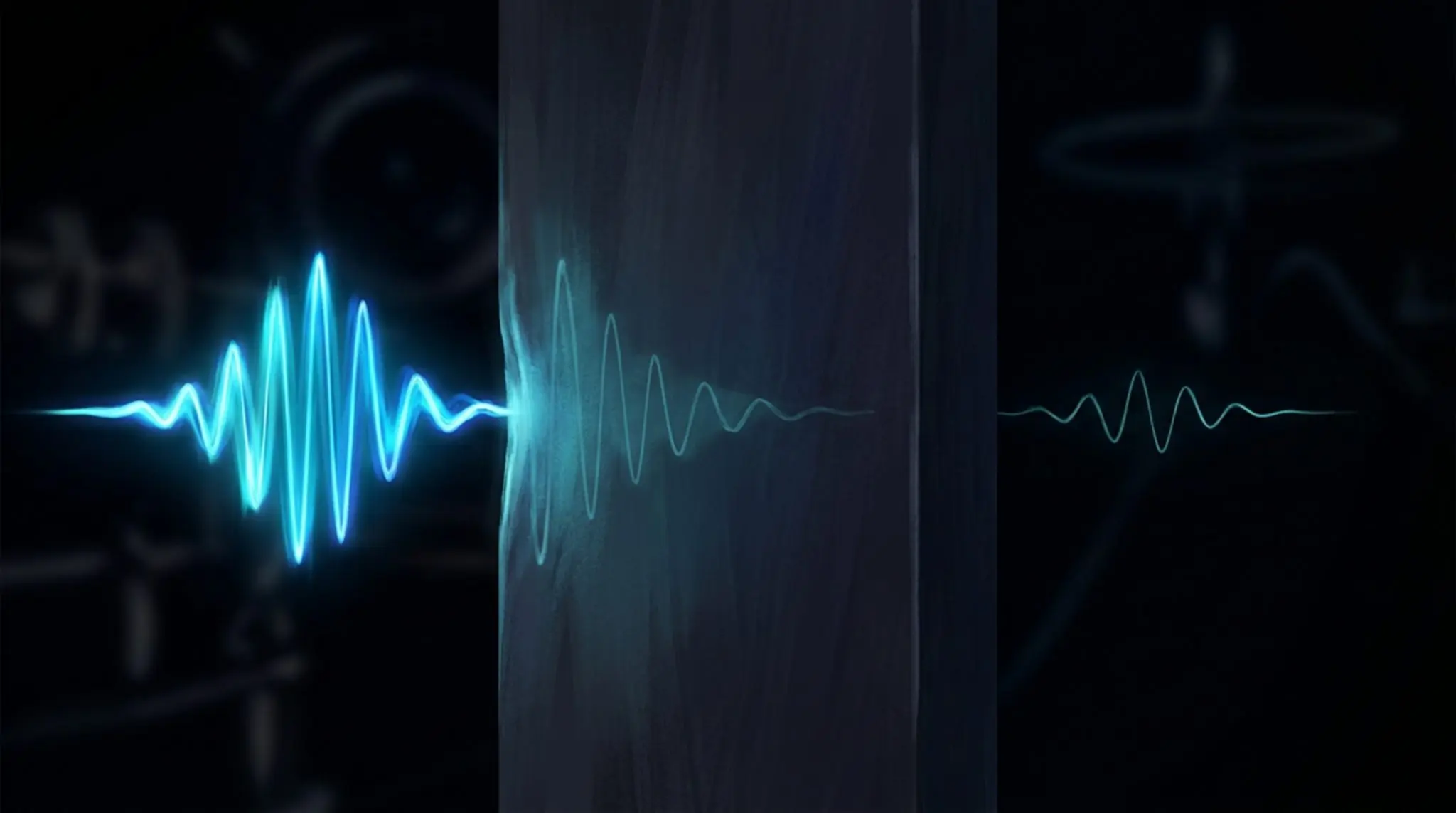 A wavepacket striking a barrier, most of it reflected and a faint remnant continuing on the far side