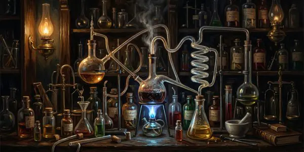 Glass retorts and a blue burner flame on a bench