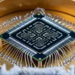 Superconducting quantum processor chip cooled to near absolute zero