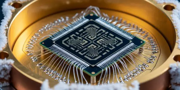 Superconducting quantum processor chip cooled to near absolute zero