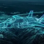 Illustration of a glowing wireframe model of a fighter jet flying over a wireframe mountain landscape, like a computer simulation