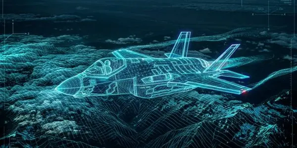 Illustration of a glowing wireframe model of a fighter jet flying over a wireframe mountain landscape, like a computer simulation