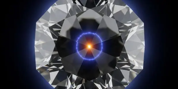 Single diamond crystal with central spin defect glowing steadily, coherence halo remaining stable over time, ultra macro detail