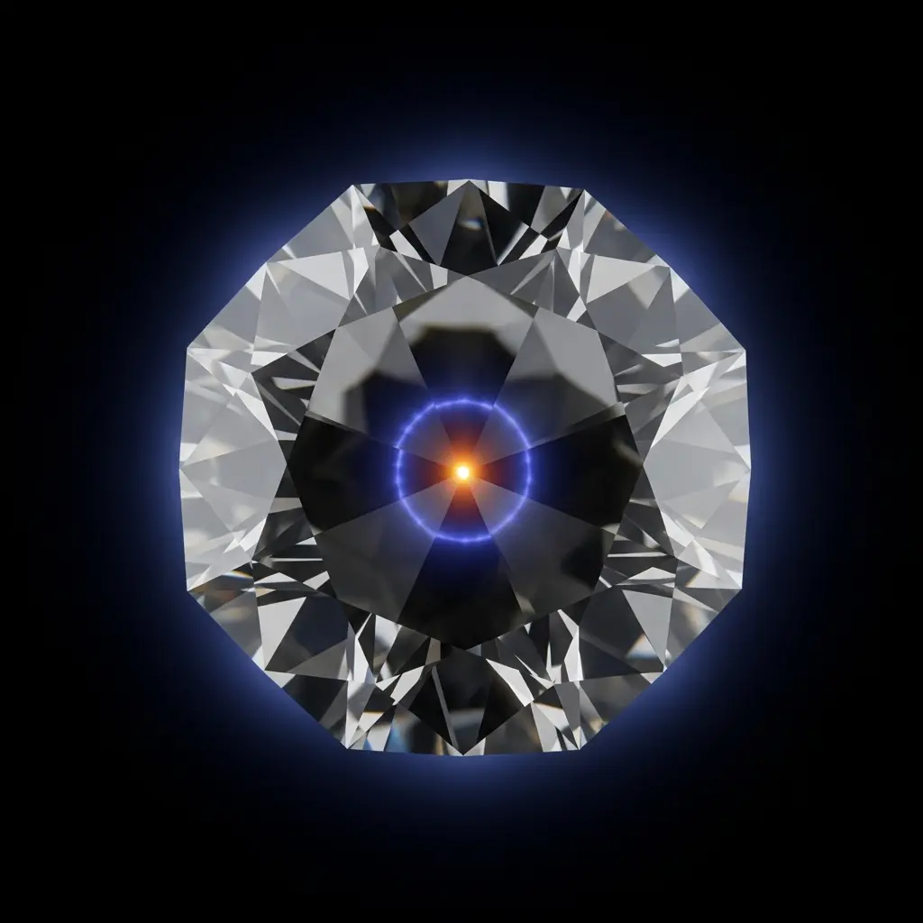 Single diamond crystal with central spin defect glowing steadily, coherence halo remaining stable over time, ultra macro detail
