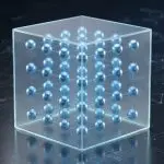 A glowing blue cubic lattice structure sits on a dark, reflective surface with a digital network background