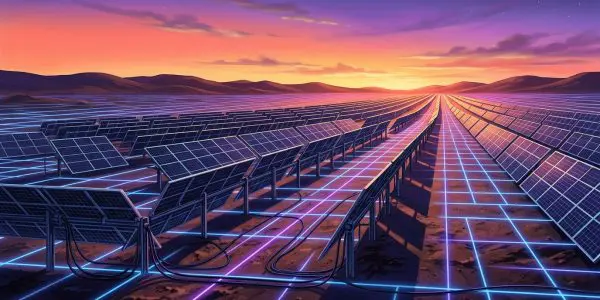 Rows of solar panels receding to a sunset horizon