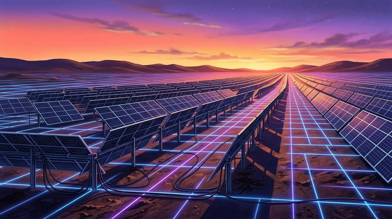 Rows of solar panels receding to a sunset horizon