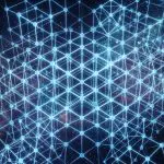 A glowing blue network of connected nodes stretches across a starry, galactic backdrop, creating a futuristic pattern