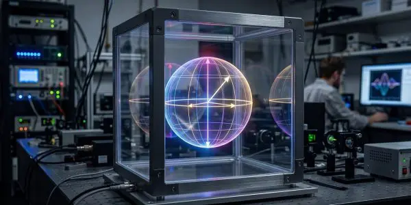A qubit chip with a glowing core