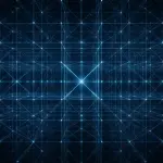 A glowing blue grid extends into the darkness, creating a futuristic, digital tunnel effect with bright central focus