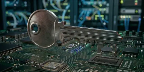 A metallic key rests on a green circuit board, set against a blurred background of server racks and glowing lights.