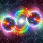 Two luminous quantum spheres connected by a rainbow vortex of energy against a dark fractured background