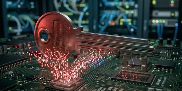 A metallic key overlaid with binary code floats above a glowing green circuit board in a dark server room.