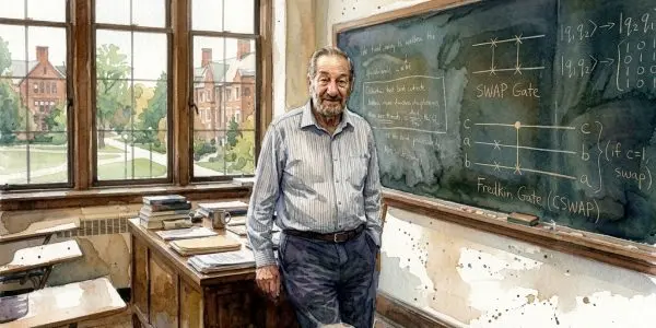Watercolour illustration of Edward Fredkin at a classroom blackboard showing the Fredkin gate, or controlled swap, circuit