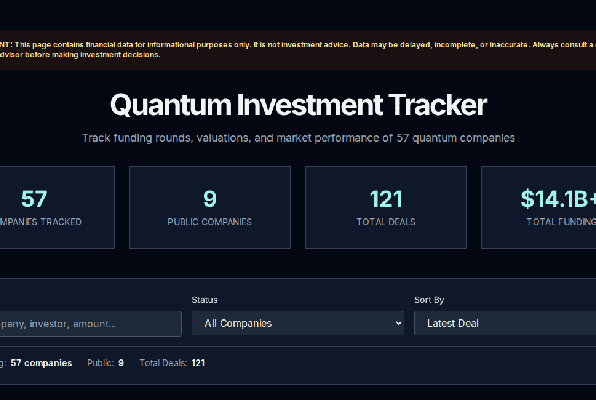 Quantum Navigator investment tracker showing funding rounds and public stocks
