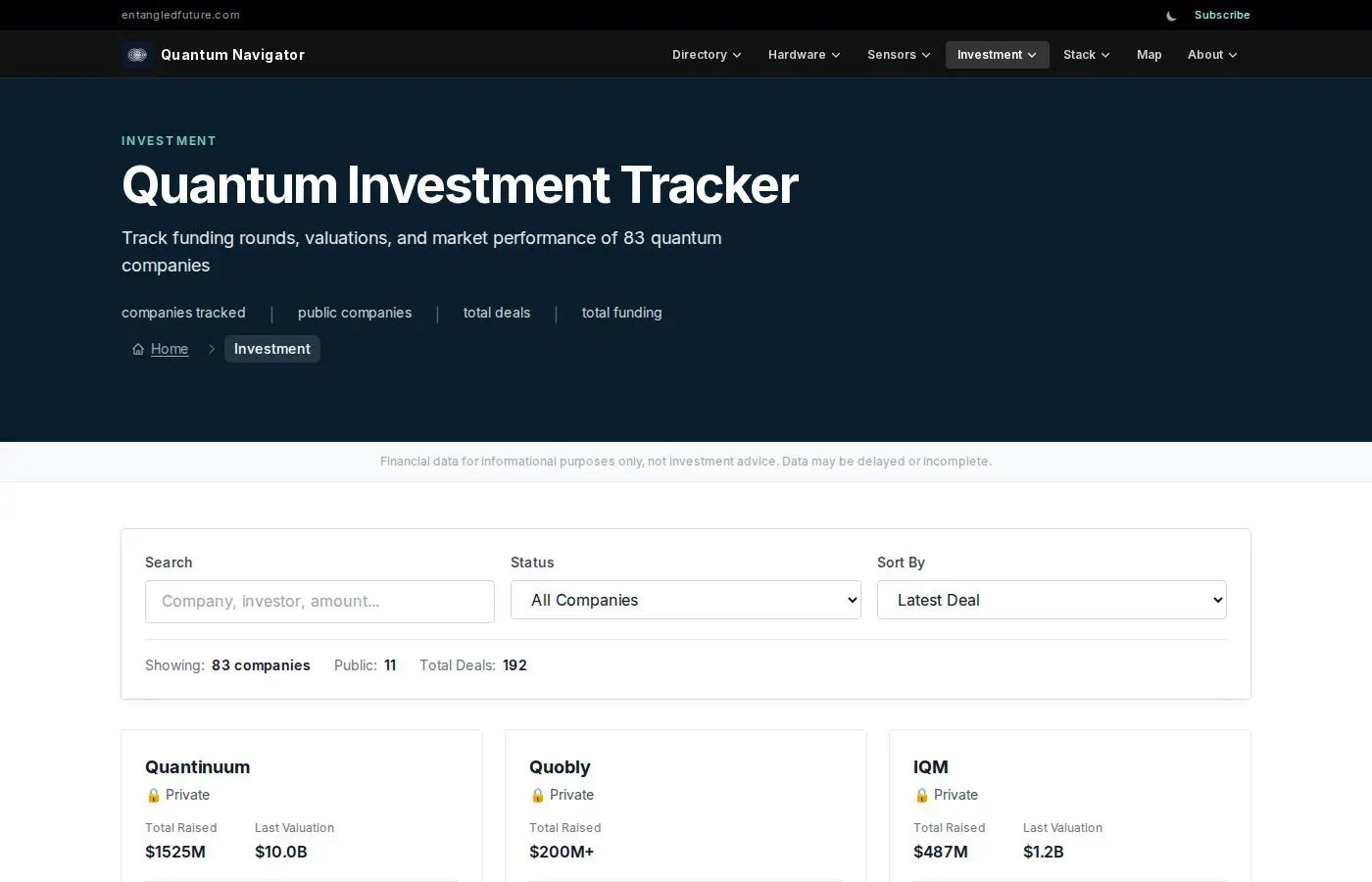 Quantum Navigator Quantum Navigator investment tracker showing funding rounds and public stocks