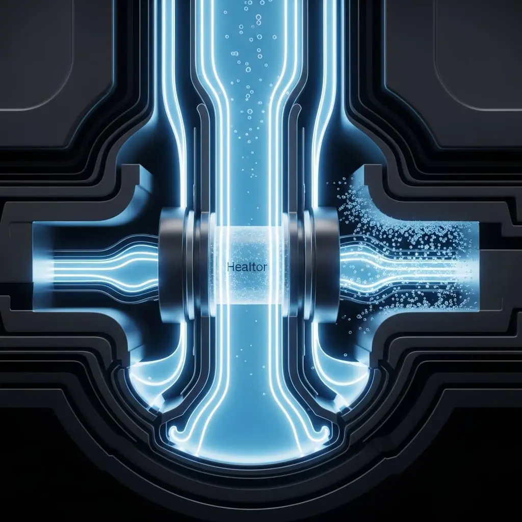 Cross-section of low-temperature electrolyzer cell with glowing fluid pathways moving steadily through channels